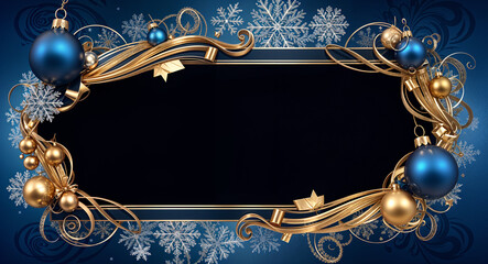 Poster - luxury gold decorative frame in New Year style with snowflakes and balls, with empty space in the center . Generative AI