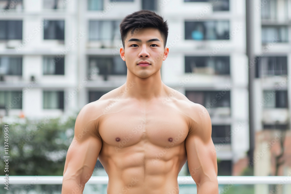 Portrait of a 20-year-old handsome Chinese man with a muscular