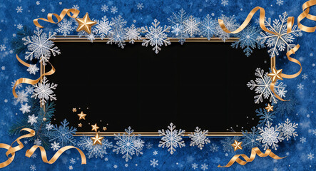 Poster - luxury gold decorative frame in New Year style with snowflakes and balls, with empty space in the center . Generative AI