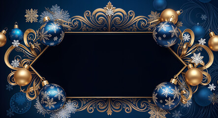 Poster - luxury gold decorative frame in New Year style with snowflakes and balls, with empty space in the center . Generative AI
