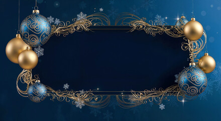 Poster - luxury gold decorative frame in New Year style with snowflakes and balls, with empty space in the center . Generative AI