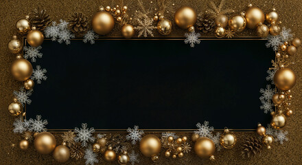 Poster - luxury gold decorative frame in New Year style with snowflakes and balls, with empty space in the center . Generative AI