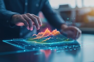 Poster - User designing a VR world, building landscapes with gestures, digital terrain forming midair, medium closeup, warm glowing colors