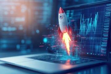 Poster - Rocket graphic exploding from a laptop screen with data grids around it robotic tone splitcomplementary color scheme