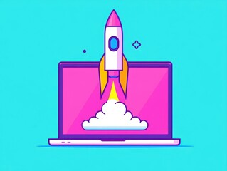 Poster - Rocket launching from a laptop screen in a futuristic design digital tone colored pastel
