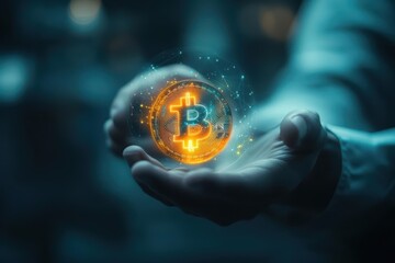 Aufkleber - Robotic hands holding glowing cryptocurrency symbols, AIdriven global economy, sleek design, hightech finance concept