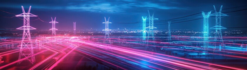 Poster - Night view of an electric car factory with glowing power grids and automated production lines, Industrial Futurism, Dark tones, 3D visualization