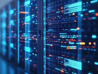 Poster - Layers of interconnected virtual servers in a glowing blue grid, hightech design, minimalist, sharp focus