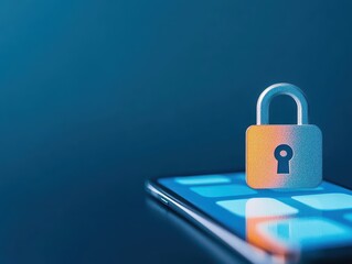 Poster - Iconic lock symbol overlaid on a smartphone with a social media app open online safety digital tone splitcomplementary color scheme