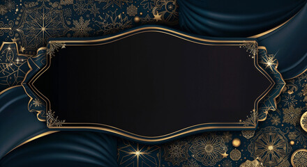 Poster -  luxury gold decorative frame in New Year style with snowflakes and balls, with empty space in the center. Generative AI