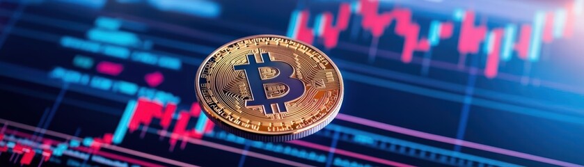 Poster - Golden Bitcoin levitating over global stock market charts, crypto influencing traditional finance, detailed visualizations, dynamic lighting