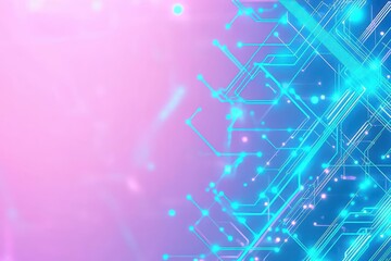 Poster - Geometric abstraction with intersecting circuit lines glowing in turquoise, over a soft gradient background of lavender and pink
