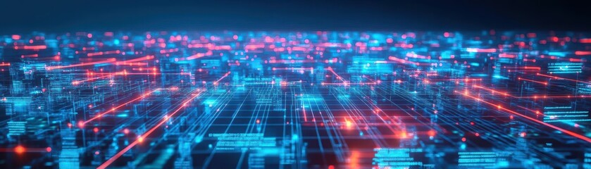 Poster - Futuristic cityscape interconnected with glowing digital networks viewed from top view illustrating seamless communication in a cybernetic tone vivid color scheme