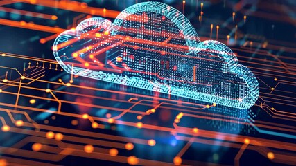 Poster - A blue cloud hovers above a circuit board, creating a unique juxtaposition of natural and technological elements, An abstract representation of a cloud server