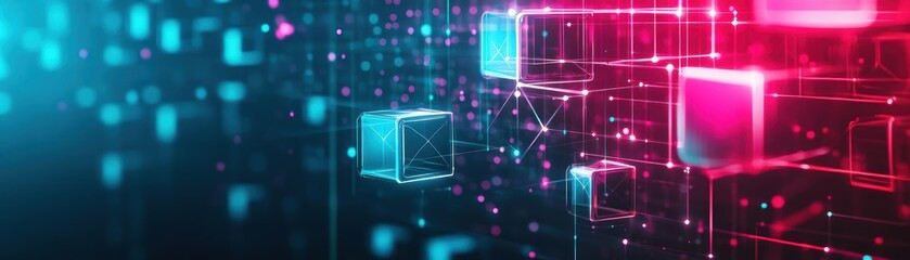 Poster - Complex 3D abstract shapes with neon light accents representing advanced technological systems copy space whimsical manipulation futuristic gallery backdrop