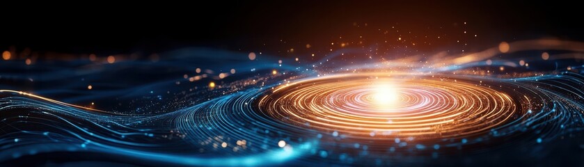 Aufkleber - Circuit lines spiraling inward toward a glowing core, surrounded by abstract waves of blue and gold