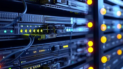 Poster - A detailed view of a server in a server room with blinking lights and cables, An abstract representation of NAS (Network Attached Storage) system