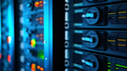 Poster - A collection of servers lined up in a computer server room, ready to process and store large amounts of data, An abstract representation of NAS (Network Attached Storage) system