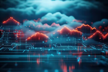 Poster - an abstract cloud landscape, layers of glowing digital circuits resembling mountains, high contrast,
