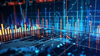 Poster - A vibrant blue and red background with intersecting lines and dotted patterns, An abstract representation of the Forex market fluctuations
