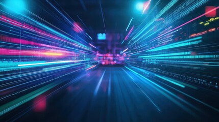 Poster - Abstract motion graphics of streaming data lines showcasing the speed of modern technology focus on futuristic silhouette scifi control center backdrop