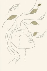 Wall Mural - A minimal single line art of a woman surrounded by floating leaves, hand-drawn style minimalist line art, beige colors and olive green tones, cream-colored background