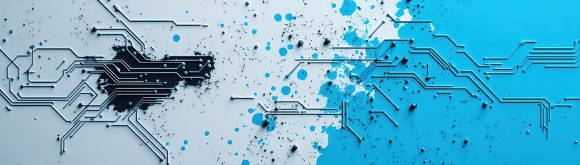 Aufkleber - Abstract fusion of circuit lines and splattered paint effects, blending shades of silver, blue, and black