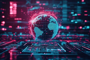 Poster - A virtual reality meeting with avatars around a digital globe, surreal and futuristic, neon accents, 3D render, hightech ambiance