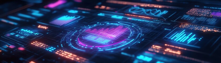 Poster - A vibrant holographic interface showing live ecommerce analytics, futuristic digital style, neon blue and purple hues, 3D render, sharp details
