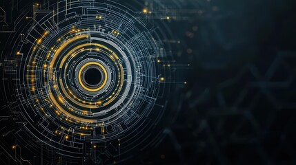 Leinwandbilder - A spiral of gold and silver circuit lines radiating outward, set against a dark abstract background with subtle geometric patterns