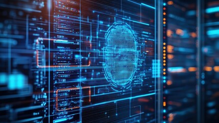 Poster - A closeup of a data center cooling system with holographic analytics overlay, modern clean design, vibrant blue tones, ultrahigh resolution