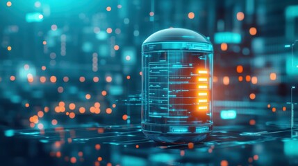 Fototapete - A capsuleshaped building design in a futuristic cityscape, glowing lights, cyberpunk aesthetic, metallic textures, sharp 3D detail