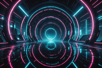 Wall Mural - Modern futuristic neon abstract background. Large object in the center, space background. Dark scene with neon light. Reflection of light on a wet surface.