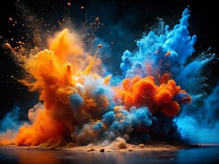 Aufkleber - Dynamic Collision of Blue and Orange Powder in Midair, Capturing the Vibrant Explosion of Color, Impact, Energy, and Contrast in Tilt-Shift Photography Style