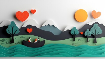 Wall Mural - Scenic mountain landscape with rolling hills trees and clouds in the background featuring hearts and a minimalist vector style design