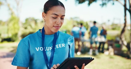 Park, woman and website with tablet for volunteer, community service and charity with happiness. Outdoor, female person and smile with digital for scroll, donation information and outreach program