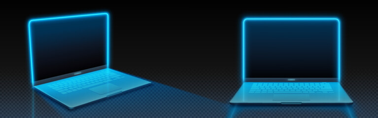 Poster - Front and side view laptop mockup with neon glowing edges on screen. Portable computer from different angles, highlighting with blue led lamp. futuristic tech pc design with bright light outline.