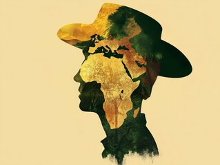 Poster - silhouette of a man's face with a hat formed by the map of the African continent and the Middle East