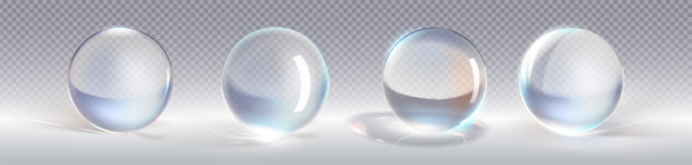 Poster - 3d glass ball. water sphere transparent vector. clear crystal bubble with white light and shine. glo