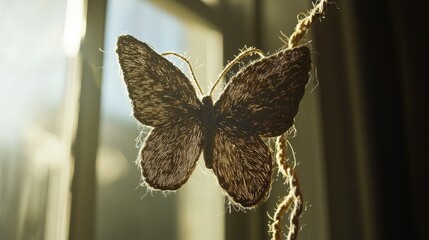 Aufkleber - Artistic hemp rope butterfly hanging in sunlight unique craft indoor setting natural aesthetic