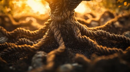 Poster - Braided hemp rope tree design nature setting artistic sculpture warm glow ground perspective eco-friendly concept