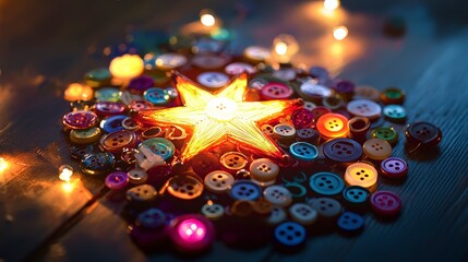 Aufkleber - Colorful button star arrangement cozy space artistic display ambient lighting close-up creative inspiration