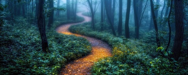 Aufkleber - Mysterious fog idea. A winding path through a misty forest, surrounded by lush greenery and soft light.