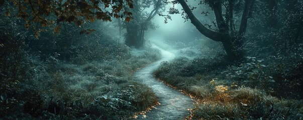 Aufkleber - Mysterious fog idea. Mysterious forest path shrouded in fog, inviting exploration and adventure.