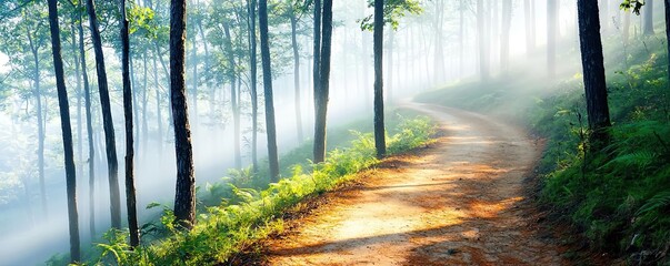Poster - Mysterious fog idea. A serene forest path with misty surroundings, inviting nature lovers to explore.