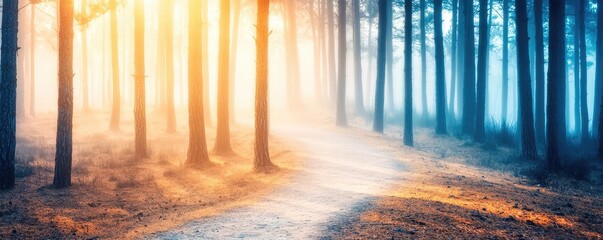 Poster - Mysterious fog idea. A serene forest path illuminated by warm sunlight through the trees, creating a magical atmosphere.