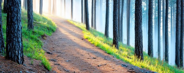 Poster - Mysterious fog idea. Serene forest path winding through tall trees, illuminated by soft morning light.