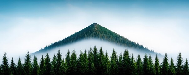 Poster - Mysterious fog idea. Breathtaking view of a triangular mountain peak surrounded by misty green forests.