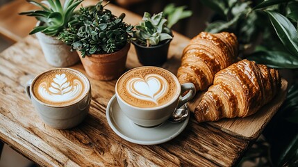 Wall Mural - Coffee art, croissants, potted plants on wooden table.