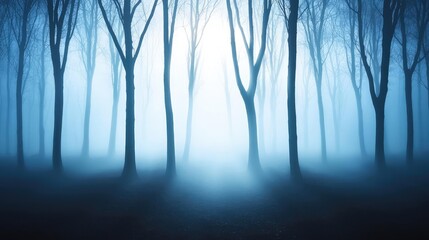 Poster - Mysterious fog idea. Mysterious fog envelops a serene forest, creating an ethereal atmosphere.